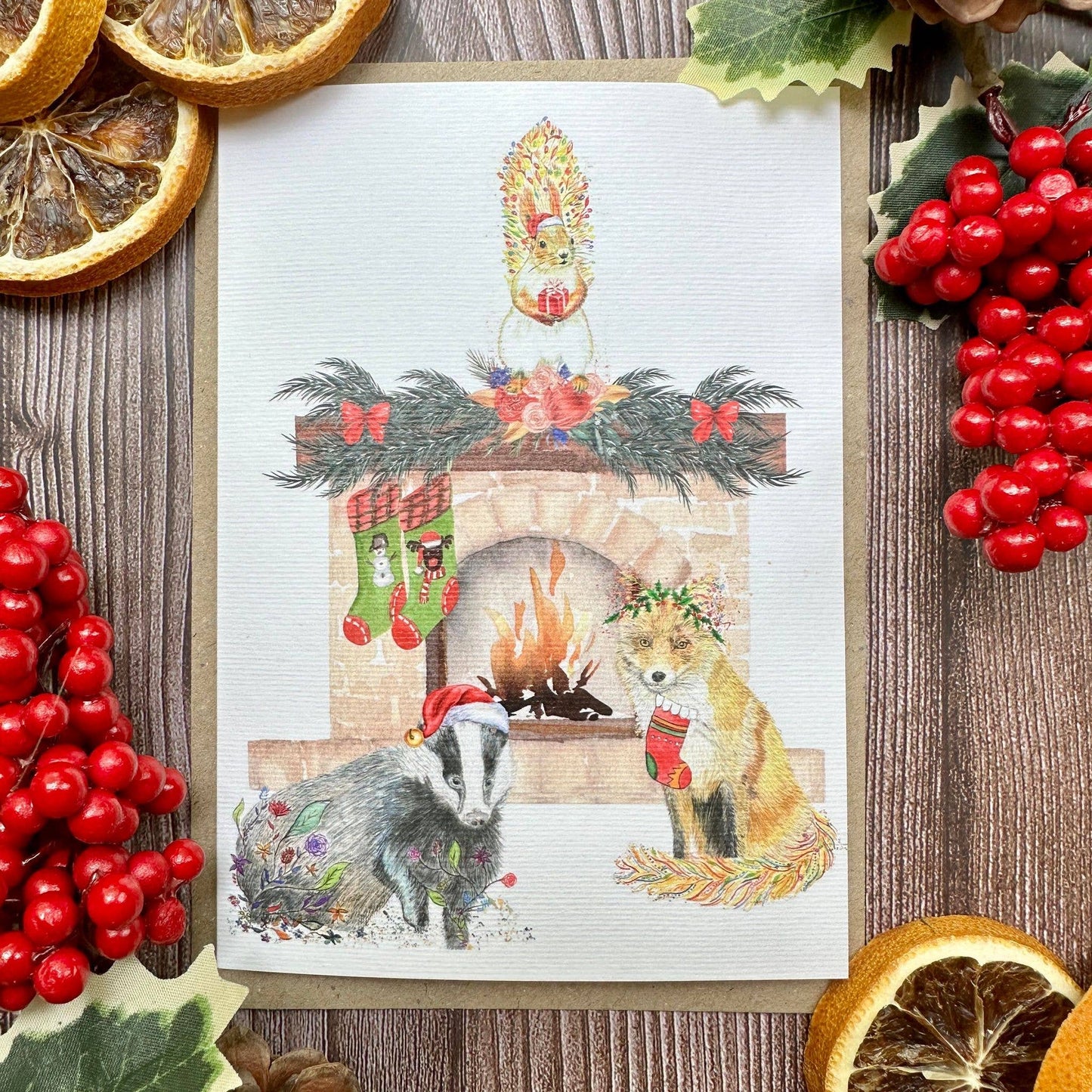 Woodland Animals Christmas Fireplace Eco Friendly Card