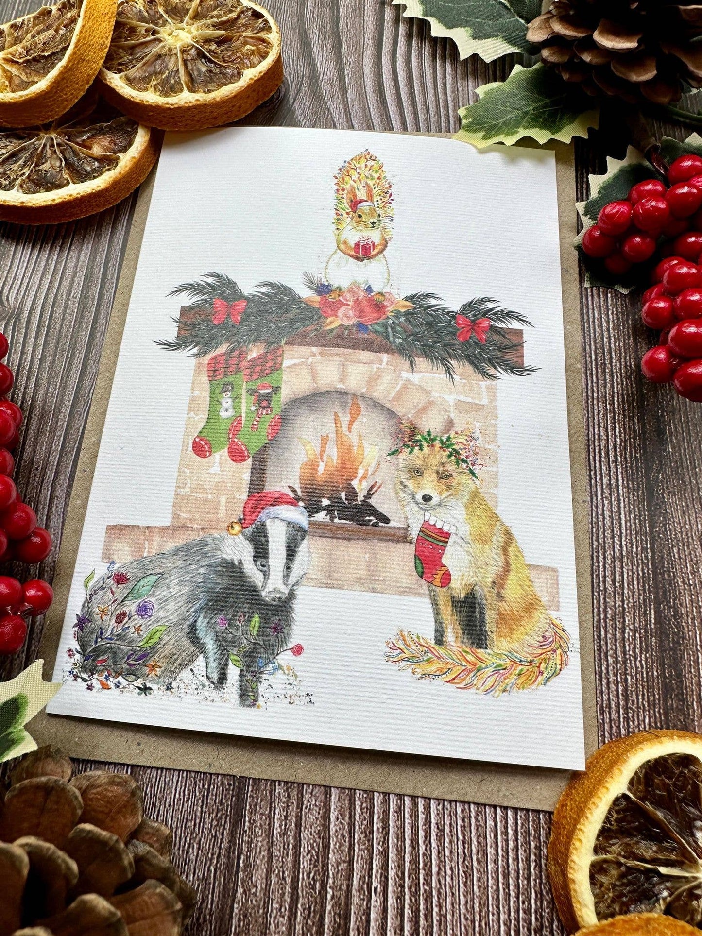 Woodland Animals Christmas Fireplace Eco Friendly Card